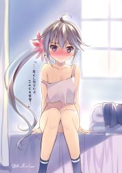 Rule 34 | 10s, 1girl, akebono (kancolle), bell, blush, bottomless, camisole, collarbone, flower, hair bell, hair flower, hair ornament, jingle bell, kantai collection, long hair, looking at viewer, navel, no pussy, nose blush, off shoulder, purple eyes, purple hair, rei (rei&#039;s room), side ponytail, sitting, skirt, unworn skirt, socks, solo, strap slip, translation request, twitter username, very long hair, window