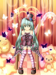 Rule 34 | 1girl, bad id, bad pixiv id, bird, bug, butterfly, chair, chick, detached sleeves, dress, full body, green eyes, green hair, hat, hatsune miku, highres, hikicha, insect, lolita fashion, long hair, matching hair/eyes, pantyhose, pink pantyhose, sitting, solo, striped clothes, striped pantyhose, stuffed animal, stuffed toy, teddy bear, top hat, twintails, very long hair, vocaloid