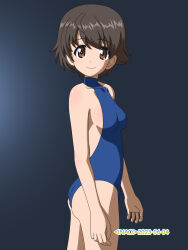 Rule 34 | 1girl, ass, blue one-piece swimsuit, blush, breasts, brown eyes, brown hair, closed mouth, collarbone, girls und panzer, highres, looking at viewer, nakajima (girls und panzer), naotosi, one-piece swimsuit, short hair, small breasts, smile, solo, swimsuit