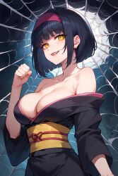 Rule 34 | ai-generated, black hair, breasts, breasts out, cave, close-up, cocoon, fangs, japanese clothes, kimono, knocking, obi, sash, seductive smile, short hair, silk, smile, source request, stalactite, teasing, yellow eyes