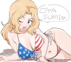 Rule 34 | 1girl, ;d, american flag legwear, arm support, bad id, bad twitter id, bikini, blush, breasts, cleavage, fanta (the banana pistols), front-tie bikini top, front-tie top, girls und panzer, highres, kay (girls und panzer), large breasts, long hair, lying, navel, on side, one eye closed, open mouth, romaji text, side-tie bikini bottom, sketch, smile, solo, speech bubble, swimsuit, thighs, white background, yellow eyes