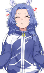 Rule 34 | 1girl, abmayo, anger vein, animal ears, blue hair, blue jacket, braid, closed eyes, closed jacket, commentary request, ear covers, false smile, godolphin barb (umamusume), hair intakes, highres, horse ears, horse girl, horseshoe ornament, jacket, long hair, long sleeves, partial commentary, side braid, simple background, single braid, smile, solo, track jacket, trembling, umamusume, upper body, white background