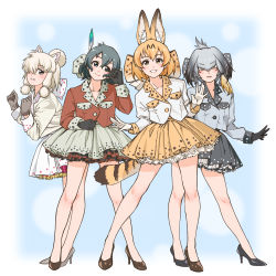 Rule 34 | 10s, 4girls, adapted costume, alpaca ears, alpaca suri (kemono friends), alpaca tail, animal ears, bird tail, black eyes, black gloves, black hair, blonde hair, bow, commentary, feather hair ornament, feathers, from side, full body, gloves, gradient hair, grey gloves, grey hair, grey shirt, grey skirt, hair bow, hair ornament, head tilt, high heels, highres, horizontal pupils, kaban (kemono friends), kemono friends, large bow, leaning forward, legs, legs apart, long hair, long sleeves, looking at viewer, low ponytail, multicolored hair, multiple girls, parted lips, petticoat, ponytail, red shirt, serval (kemono friends), serval tail, shirt, shoebill (kemono friends), short hair, skirt, smile, suzushiro (suzushiro333), tail, white gloves, white shirt, white skirt, yellow eyes, yellow skirt