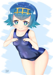 Rule 34 | 1girl, alternate color, arched back, artist name, blue eyes, blue hair, blunt bangs, closed mouth, collarbone, creatures (company), female focus, game freak, hairband, highres, lana (pokemon), looking at viewer, matching hair/eyes, nintendo, one-piece swimsuit, pokemon, pokemon (anime), shiny skin, sleeveless, smile, solo, standing, swimsuit, win opz