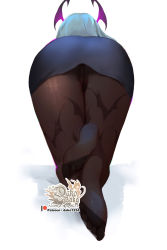 Rule 34 | 1girl, all fours, ass, ass focus, bent over, brown pantyhose, cameltoe, capcom, crossed ankles, demon girl, foreshortening, from behind, green hair, head wings, highres, hu dako, leather skirt, legs together, long hair, morrigan aensland, no shoes, office lady, pantyhose, pencil skirt, print pantyhose, skirt, soles, solo, straight hair, upskirt, vampire (game), wings