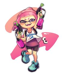 Rule 34 | 1girl, aqua footwear, bike shorts, black shorts, blue eyes, blunt bangs, copyright name, dual wielding, emblem, fangs, full body, hat, highres, holding, inkling, inkling girl, inkling player character, layered clothes, long hair, looking at viewer, nintendo, one eye closed, open mouth, pink hair, pointy ears, print shirt, puchiman, shirt, shoes, short hair, shorts, simple background, single vertical stripe, smile, sneakers, solo, splat dualies (splatoon), splatoon (series), splatoon 2, standing, standing on one leg, tank top, tentacle hair, white background, white shirt