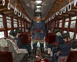 Rule 34 | 6+boys, arisaka, blood, blood on clothes, blood on face, blue jacket, bolt action, character request, death, golden kamuy, gomibaketsu3, grey jacket, gun, highres, human scabbard, imperial japanese army, intestines, jacket, looking at viewer, military uniform, multiple boys, rifle, scarf, sketch, snow, train interior, uniform, weapon, yellow scarf