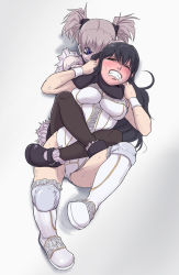 Rule 34 | &gt;:d, 2girls, :d, asphyxiation, black hair, blue eyes, boots, breasts, brown hair, bustier, character request, choke hold, clenched teeth, closed eyes, crazy eyes, domination, elbow gloves, female focus, foaming at the mouth, gloves, knee pads, lace, large breasts, leg lift, leg lock, leotard, lingerie, lips, long hair, lying, mary janes, multiple girls, on back, open mouth, pantyhose, papa (shimeguru), rear naked choke, ryona, saliva, shoes, short hair, silver hair, smile, source request, strangling, submission, submission hold, sweat, teeth, torture, twintails, underwear, v-shaped eyebrows, wrestling