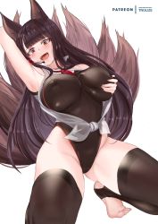 Rule 34 | 1girl, akagi (azur lane), animal ears, arm up, armpits, azur lane, black one-piece swimsuit, blush, breasts, brown hair, brown one-piece swimsuit, brown thighhighs, covered erect nipples, fangs, fox ears, fox tail, grabbing own breast, hand up, highleg, highleg swimsuit, highres, large breasts, long hair, looking at viewer, multiple tails, one-piece swimsuit, open mouth, red eyes, shirt, simple background, sleeveless, sleeveless shirt, smile, squatting, swimsuit, tail, thighhighs, thighs, tied shirt, tnolize, toeless legwear, white background, white shirt