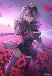 Rule 34 | 1girl, ahoge, armor, armored boots, armored dress, artist name, black dress, black gloves, boots, breasts, chain, closed mouth, clothes lift, damda, dress, dress lift, fate/grand order, fate (series), flower, fur trim, gauntlets, gloves, hair between eyes, headgear, holding, holding sword, holding weapon, jeanne d&#039;arc (fate), jeanne d&#039;arc alter (avenger) (fate), jeanne d&#039;arc alter (fate), large breasts, looking at viewer, outdoors, petals, purple sky, red flower, revision, short hair, silver hair, sky, smile, solo, standing, sword, thighhighs, thighs, weapon, wind, wind lift, yellow eyes