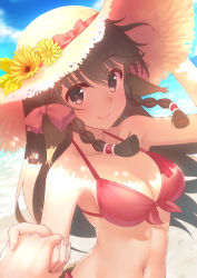 Rule 34 | 10s, 1girl, absurdres, animal ears, bare arms, bare shoulders, beach, bikini, blue sky, bow, braid, breasts, brown hair, cleavage, closed mouth, cloud, collarbone, day, eyebrows, fingernails, flower, front-tie bikini top, front-tie top, fukuro daizi, hair bow, hair tubes, halterneck, hand on headwear, hand up, hat, hat bow, hat flower, hat ribbon, highres, holding hands, leaf, long hair, looking at viewer, medium breasts, navel, ocean, outdoors, pov, pov hands, red bikini, red bow, ribbon, rulutieh, sand, shade, sky, smile, solo focus, stomach, straw hat, swimsuit, tail, twin braids, utawarerumono, utawarerumono: itsuwari no kamen, yellow flower