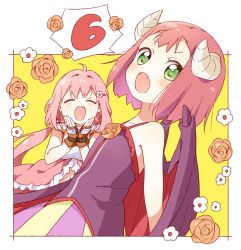 Rule 34 | 2girls, blush, blush stickers, demon girl, demon horns, demon wings, endro!, fang, flower, gloves, green eyes, hair ornament, hairclip, highres, horns, long hair, looking at viewer, low twintails, mao (endro!), multiple girls, navel, open mouth, pink hair, pointy ears, red hair, short hair, smile, twintails, wings, yuria shardet