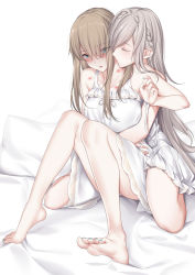 Rule 34 | 2girls, aqua eyes, bare legs, barefoot, bed, blonde hair, blush, braid, breasts, cartonbox (zhixiang zhi), closed eyes, closed mouth, commentary request, fingering, french braid, hancock (warship girls r), hug, hug from behind, kiss, large breasts, lexington (cv-16) (warship girls r), lipstick mark, lipstick mark on arm, lipstick mark on neck, lipstick mark on shoulder, long hair, looking down, multiple girls, nail polish, nightgown, pillow, silver hair, sitting, soles, warship girls r, white background, white nightgown, yuri