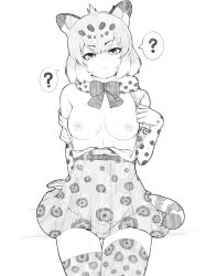Rule 34 | 1girl, ?, animal ear fluff, animal ears, bow, bowtie, breasts, commentary request, cowboy shot, deku suke, fur collar, greyscale, hair between eyes, highres, jaguar (kemono friends), jaguar print, kemono friends, looking at viewer, medium breasts, monochrome, nipples, no bra, off shoulder, open clothes, open shirt, print skirt, print thighhighs, simple background, single bare shoulder, skirt, solo, spoken question mark, tail, thigh gap, thighhighs