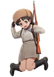 Rule 34 | 1girl, absurdres, artist name, belt, black belt, black footwear, black gloves, blue eyes, blush stickers, boots, brown hair, brown hat, carrying, coat, full body, fur-trimmed coat, fur hat, fur trim, girls und panzer, gloves, grey coat, gun, hat, highres, knee boots, kneeling, long sleeves, looking at viewer, nina (girls und panzer), open mouth, rifle, short hair, short twintails, signature, simple background, smile, solo, twintails, ushanka, weapon, white background, ydg (eorbsaos1004)