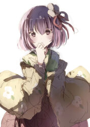 Rule 34 | 1girl, blush, commentary request, floral print, flower, hair flower, hair ornament, hieda no akyuu, highres, japanese clothes, kimono, long sleeves, looking at viewer, natsume suzuri, purple hair, short hair, simple background, sketch, solo, touhou, white background, white flower, yellow kimono