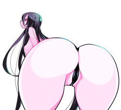 Rule 34 | 1girl, ass, bad id, bad pixiv id, bent over, black hair, breasts, bright pupils, colored skin, from behind, long hair, looking at viewer, looking back, nipples, original, pink skin, presenting, same (g shark), simple background, solo, thong, topless, very long hair, white background