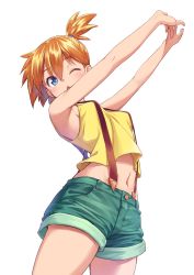 Rule 34 | 1girl, ;o, armpits, bare arms, bare shoulders, breasts, cowboy shot, creatures (company), denim, denim shorts, game freak, highres, midriff, misty (pokemon), navel, nintendo, one eye closed, open mouth, orange hair, pokemon, pokemon (anime), pokemon (classic anime), shirt, short ponytail, shorts, sideboob, simple background, sleeveless, sleeveless shirt, small breasts, solo, stretching, suspenders, tenkuu nozora, white background, yellow shirt
