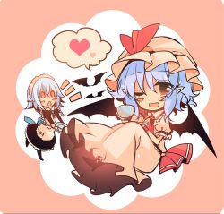 Rule 34 | 2girls, ;d, ^^^, apron, arm garter, ascot, bat (animal), bat wings, black dress, blue hair, blush stickers, braid, chibi, commentary request, cup, dress, full body, hat, hat ribbon, heart, holding, holding cup, holding plate, izayoi sakuya, juliet sleeves, kirero, long sleeves, looking at viewer, maid, maid apron, maid headdress, mob cap, multiple girls, o o, one eye closed, open mouth, pink dress, plate, pointy ears, puffy short sleeves, puffy sleeves, red eyes, red ribbon, remilia scarlet, ribbon, short hair, short sleeves, smile, spoken heart, teacup, touhou, twin braids, wings, wrist cuffs