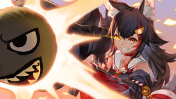 Rule 34 | 1girl, absurdres, animal ear fluff, animal ears, bell, black hair, choker, clenched teeth, collarbone, detached sleeves, fortnite, glowing, glowing eye, grin, highres, holding, holding weapon, hololive, izumi sai, japanese clothes, kouhaku nawa, long hair, m1 bazooka, necktie, official art, ookami mio, ookami mio (1st costume), orange eyes, orange hair, outdoors, rocket launcher, rope, shimenawa, smile, solo, tail, teeth, virtual youtuber, weapon, wolf ears, wolf tail