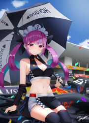 Rule 34 | 1girl, absurdres, ahoge, alternate costume, anchor symbol, aston martin, asymmetrical clothes, asymmetrical legwear, blue hair, blue sky, blush, breasts, car, checkered clothes, cleavage, cloud, colored inner hair, confetti, dhl, formula one, highres, hololive, long hair, looking at viewer, midriff, minato aqua, motor vehicle, multicolored hair, navel, purple eyes, purple hair, race queen, race vehicle, racecar, red bull, signature, sky, smile, solo, streaked hair, telu (teluscarlet), thighhighs, twintails, two-tone hair, umbrella, virtual youtuber