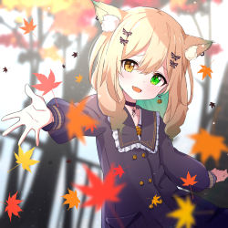 Rule 34 | 1girl, :d, ame., animal ear fluff, animal ears, autumn leaves, black choker, black coat, blonde hair, blurry, blurry foreground, blush, bow, choker, coat, collarbone, commentary request, depth of field, green eyes, green hair, hair between eyes, hair bow, heterochromia, highres, ibara muan, indie virtual youtuber, leaf, long hair, long sleeves, looking at viewer, maple leaf, multicolored hair, open mouth, puffy long sleeves, puffy sleeves, railing, smile, solo, tree, two-tone hair, virtual youtuber, yellow eyes