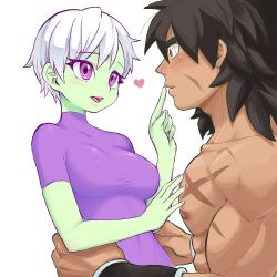 Rule 34 | 1boy, 1girl, arms around waist, black hair, broly (dragon ball super), brown eyes, cheelai, colored skin, commentary request, couple, covered navel, dragon ball, dragon ball super, dragon ball super broly, eyelashes, finger to another&#039;s mouth, green skin, gureshi db, hand on another&#039;s chest, heart, hetero, looking at another, muscular, open mouth, parted lips, purple eyes, scar, scar on chest, scar on face, short hair, smile, upper body, white background, white hair, wristband