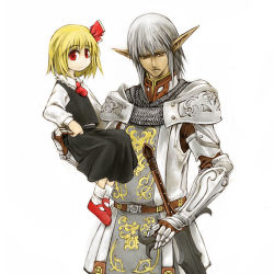 Rule 34 | 00s, 1boy, 1girl, blonde hair, buront, cervus, crossover, elf, elvaan, embodiment of scarlet devil, final fantasy, final fantasy xi, hair ribbon, paladin, paladin (final fantasy), pointy ears, red eyes, ribbon, rumia, short hair, simple background, the iron of yin and yang, touhou