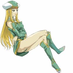 Rule 34 | 1girl, bare legs, bare shoulders, blonde hair, boots, breasts, detached sleeves, dress, floating, freya (valkyrie profile), green footwear, large breasts, long hair, michael f91, sitting, solo, valkyrie profile (series), valkyrie profile 2: silmeria