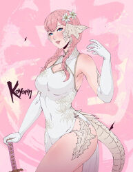 1girl artist_name au_ra blue_eyes blush braid breasts china_dress chinese_clothes cleavage_cutout clothing_cutout cowboy_shot dragon_horns dragon_tail dress elbow_gloves final_fantasy final_fantasy_xiv flower gloves hair_flower hair_ornament highres horns katana koyorin large_breasts lips long_hair looking_at_viewer pink_hair scales side_slit sleeveless solo sword tail twin_braids warrior_of_light_(ff14) weapon white_dress white_gloves white_horns white_scales white_tail