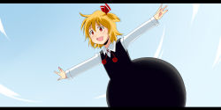 Rule 34 | 1girl, blonde hair, dress, embodiment of scarlet devil, female focus, gradient background, hair ribbon, kuze, letterboxed, outdoors, outstretched arms, red eyes, ribbon, rumia, sky, solo, spread arms, touhou