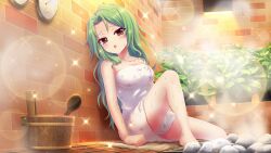 Rule 34 | 1girl, breasts, brick wall, bucket, cleavage, collarbone, dot nose, film grain, game cg, gauge, green hair, hair down, hot, indoors, izumi tsubasu, large breasts, lens flare, long hair, looking at viewer, naked towel, non-web source, official art, open mouth, plant, print towel, re:stage!, reclining, rock, sauna, shirokita kuroha, sitting, solo, sparkle, star (symbol), star print, steam, sweat, towel, very sweaty, white towel, yellow eyes