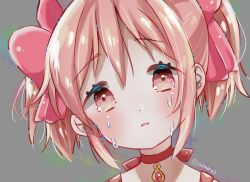 Rule 34 | 1girl, choker, close-up, colorful, crying, crying with eyes open, dot nose, furrowed brow, grey background, hair ribbon, head tilt, kaname madoka, light blush, looking at viewer, mahou shoujo madoka magica, mahou shoujo madoka magica (anime), multicolored background, parted lips, pink eyes, pink hair, pink ribbon, portrait, red ribbon, ribbon, ribbon choker, sad, shadow, short twintails, simple background, solo, soul gem, streaming tears, tears, twintails, twitter username, upper body, yuimura3
