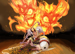 Rule 34 | 1girl, bare shoulders, barefoot, blonde hair, claws, earrings, fate/grand order, fate (series), feet, female focus, fire, full body, highres, horns, ibaraki douji (fate), japanese clothes, jewelry, kimono, long hair, looking at viewer, off shoulder, oni, oni horns, pointy ears, short kimono, sitting, solo, suezu1022, sword, weapon, wide sleeves, yellow eyes, yellow kimono