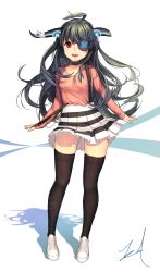 Rule 34 | 1girl, :d, ahoge, artist name, black hair, black skirt, blouse, broken horn, converse, eyepatch, fangs, full body, highres, horns, kuri choko, long hair, long sleeves, looking at viewer, open mouth, original, pink shirt, pleated skirt, red eyes, shadow, shirt, shoes, signature, skirt, smile, sneakers, solo, striped clothes, striped skirt, thighhighs, thighs, white skirt