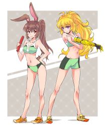 Rule 34 | 2girls, ahoge, animal ears, bare arms, bare legs, baton, bike shorts, blonde hair, blush, bra, breasts, brown eyes, brown hair, closed mouth, collarbone, cross-body stretch, devilman, devilman crybaby, extra ears, facing viewer, faunus (rwby), full body, green shorts, hand on own hip, hand up, happy, high ponytail, holding, iesupa, legs, long hair, looking at viewer, looking down, looking to the side, matching hair/eyes, medium breasts, midriff, multiple girls, navel, panties, parted lips, ponytail, prosthesis, prosthetic arm, purple eyes, rabbit ears, rabbit girl, rabbit tail, relay baton, rwby, shoes, shorts, smile, sneakers, sports bra, standing, stretching, tail, underwear, velvet scarlatina, very long hair, voice actor connection, yang xiao long