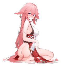 Rule 34 | 1girl, absurdres, amiamie, animal ears, ass, bare arms, bare shoulders, barefoot, blush, bottomless, breasts, closed mouth, earrings, feet, floppy ears, floral print, flower, flower knot, fox ears, full body, genshin impact, hand on own thigh, highres, japanese clothes, jewelry, large breasts, long hair, looking at viewer, looking to the side, miko, no detached sleeves, no panties, pink flower, pink hair, purple eyes, red sash, ribbon trim, sash, seiza, shirt, sideboob, simple background, sitting, sleeveless, sleeveless shirt, smile, soles, solo, tassel, thighs, toes, turtleneck, white background, yae miko