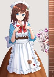Rule 34 | 2girls, :d, :t, ahoge, apron, bandaged arm, bandages, blue eyes, blush, bow, brick wall, brown hair, brown skirt, center frills, closed mouth, collared shirt, commentary, cosplay, english commentary, fangs, fingers together, flower, frilled apron, frills, gloves, grey background, hair between eyes, hair flower, hair ornament, hana macchia, heart, heart-shaped pupils, highres, index fingers together, kazenokaze, long hair, multiple girls, nijisanji, nijisanji id, open mouth, otogibara era, otogibara era (cosplay), peeking out, pink hair, red bow, shirt, short sleeves, silver hair, skirt, smile, sukoya kana, symbol-shaped pupils, twintails, virtual youtuber, waist apron, white apron, white flower, white gloves, white headwear, white shirt