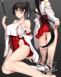 Rule 34 | 1girl, ass, bare legs, barefoot, black hair, blush, breasts, cleavage, commentary, commission, cowboy shot, crop top, crop top overhang, dated, detached sleeves, grey background, groin, hair between eyes, high-waist skirt, highleg, highleg panties, holding, holding weapon, japanese clothes, large breasts, long hair, looking at viewer, miko, multiple views, nontraditional miko, original, outline, pallad, panties, parted lips, pleated skirt, polearm, ponytail, red skirt, sarashi, side slit, signature, simple background, skeb commission, skirt, thighs, underwear, weapon, white panties, wide sleeves, yellow eyes