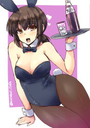 Rule 34 | 10s, 1girl, alternate costume, animal ears, bare shoulders, black pantyhose, blush, bottle, bow, bowtie, breasts, brown eyes, brown hair, cleavage, detached collar, fake animal ears, fanta, fubuki (kancolle), glass, ice, kantai collection, leotard, long hair, looking at viewer, low ponytail, pantyhose, playboy bunny, ponytail, rabbit ears, rabbit tail, shinshin, sitting, solo, tail, tray, twitter username, wrist cuffs