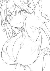 Rule 34 | 1girl, armpits, blush, breasts, cool-kyou shinja, dragon girl, dragon tail, female focus, frills, hair between eyes, heart, highres, kobayashi-san chi no maidragon, large breasts, looking at viewer, revealing clothes, simple background, smile, solo, solo focus, source request, tail, tohru (maidragon)