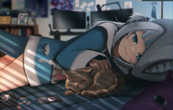 Rule 34 | 1girl, advarcher, animal costume, animal hood, artist name, bed, bed sheet, bedroom, blue eyes, blue hoodie, blunt bangs, blurry, blurry background, brown cat, cat, cellphone, fins, fish tail, gawr gura, hair ornament, highres, hololive, hololive english, holomyth, hood, hoodie, indoors, long sleeves, looking at viewer, lying, medium hair, microphone, monitor, multicolored hair, on stomach, petting, phone, pillow, shark costume, shark girl, shark hair ornament, shark hood, shark tail, silver hair, smile, streaked hair, tail, virtual youtuber