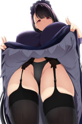 Rule 34 | 1girl, asymmetrical bangs, black hair, black panties, black thighhighs, breasts, clothes lift, double v, dress, dress lift, from below, garter belt, groin, half-closed eyes, headdress, highres, huge breasts, kloah, lifted by self, long hair, looking at viewer, original, panties, purple dress, red eyes, simple background, skindentation, solo, thighhighs, thighs, underwear, v, white background