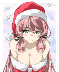 1girl akashi_(kancolle) alternate_costume blunt_tresses breasts cleavage commentary_request dress fur-trimmed_headwear fur_trim gakky green_eyes hair_ribbon hat highres kantai_collection large_breasts long_hair off-shoulder_dress off_shoulder one-hour_drawing_challenge pink_hair price_tag red_dress red_hat ribbon santa_hat solo tress_ribbon