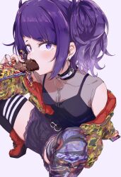 Rule 34 | 1girl, absurdres, asymmetrical legwear, camouflage, camouflage jacket, commentary request, diagonal bangs, earrings, eating, highres, hoop earrings, idolmaster, idolmaster shiny colors, jacket, jewelry, looking at viewer, mismatched legwear, nail polish, official art, purple eyes, purple hair, short twintails, shuiro (frog-16), snack, solo, tanaka mamimi, twintails