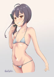 Rule 34 | 1girl, absurdres, ahoge, asymmetrical bangs, bikini, black hair, breasts, brown eyes, commentary request, cowboy shot, cropped jacket, fujinami (kancolle), gradient background, grey background, grey bikini, grin, hair ribbon, highres, kamikitayotsuba, kantai collection, long hair, one-hour drawing challenge, ribbon, side ponytail, small breasts, smile, solo, swimsuit, twitter username