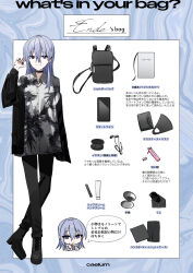 Rule 34 | 1girl, backpack, bag, black footwear, black jacket, black pants, blue eyes, blue hair, boots, cellphone, chibi, chibi inset, chihuri, closed mouth, collared shirt, dress shirt, earbuds, earphones, earrings, ende (chihuri), english text, equipment layout, full body, hair between eyes, hand mirror, hand up, highres, jacket, jewelry, long hair, looking at viewer, mirror, multiple views, off shoulder, open clothes, open jacket, original, pants, phone, print shirt, revision, ring, shirt, smile, speech bubble, standing, stud earrings, translation request, white shirt