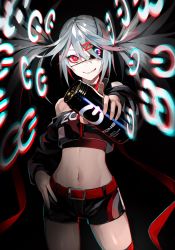Rule 34 | 1girl, bare shoulders, belt, black background, black hair, breasts, can, cowboy shot, crop top, cropped jacket, energy drink, eyepatch, hair between eyes, hair ornament, hand on own hip, highres, holding, holding can, lam (ramdayo), long hair, long sleeves, midriff, navel, original, power symbol, red eyes, shorts, simple background, small breasts, smile, solo, standing, stomach, thighhighs, very long hair, zettai ryouiki