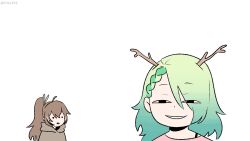 Rule 34 | 2girls, antlers, anya&#039;s heh face (meme), brown hair, ceres fauna, chaleko, green hair, half-closed eyes, high ponytail, hololive, hololive english, horns, long hair, looking at another, looking at viewer, meme, multiple girls, nanashi mumei, parted lips, simple background, smile, spy x family, troll face, virtual youtuber, white background