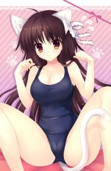 Rule 34 | 1girl, absurdres, alia&#039;s carnival!, animal ears, breasts, brown eyes, brown hair, cameltoe, cat ears, cat tail, cleavage, covered erect nipples, hair ribbon, highres, large breasts, mitha, one-piece swimsuit, paw pose, ribbon, saijo karin, school swimsuit, solo, spread legs, swimsuit, tail